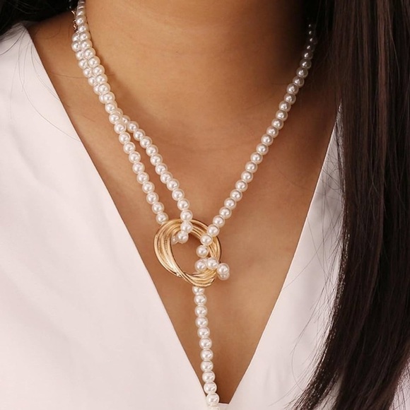 NWB Boho Festival Gold Pearl Layered Multistrand Women’s Chain Necklace - Picture 6 of 6